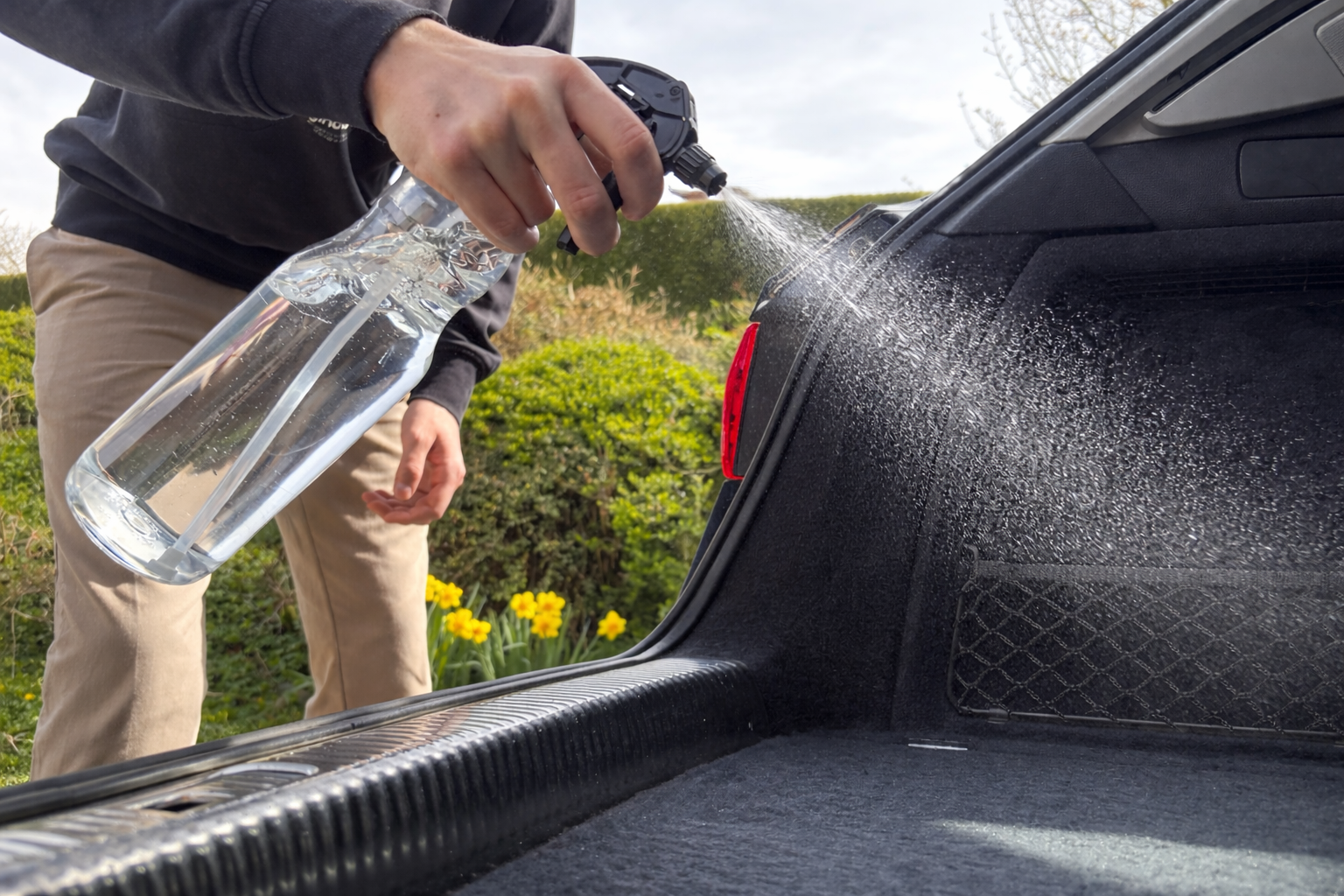 Mobile Fahrzeugaufbereitung: Der Kofferraum wird direkt vor Ort mit einer Sprühflasche gereinigt
