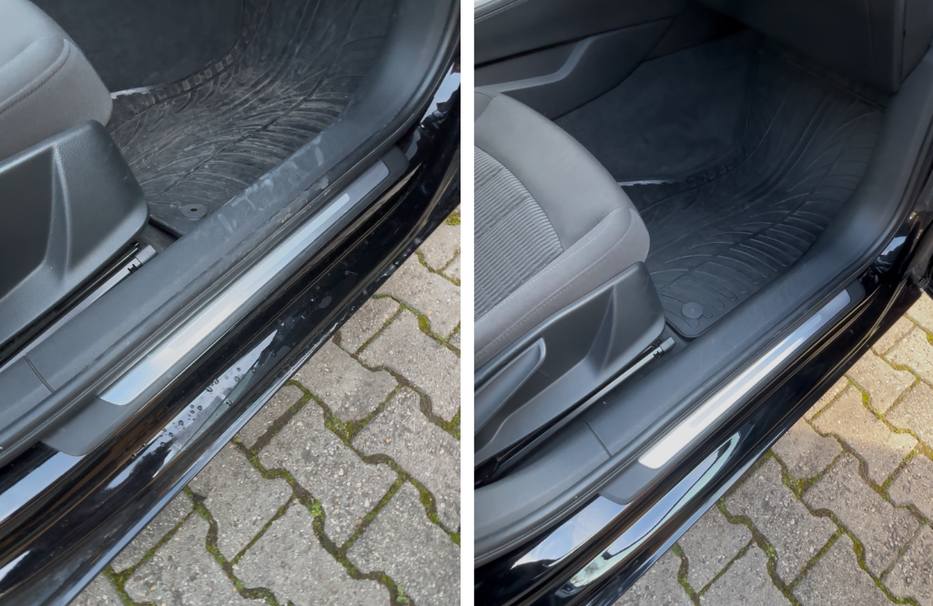 Vorher-Nachher-Vergleich: verschmutzter und gereinigter Fahrer-Fußraum mit Einstiegsleiste